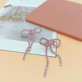 Bow Earrings for Women Rhinestone Sparkly Long Dangle Dainty Hot Pink Gold Silver Dangling Ribbon Statement Earring Jewelry for Women Valentines Day Christmas Party Decorations Wedding Gift, Large,