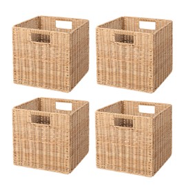 10.5 x 10.5 in Plastic Wicker Baskets for Cube Storage, Collapsible Square Wicker Storage Basket Set of 4, Rattan Storage Cube, Square Baskets for Shelves - Khaki