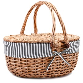 Wicker Picnic Basket with Lid and Handle Sturdy Woven Body with Washable Lining,Grey Stripe