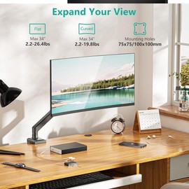 Single Monitor Mount, Gas Spring Arm for 17-34" Screens, Adjustable Stand up to 26.4lbs, Clamp/Grommet Base, 75/100mm Mounting Holes, Black.
