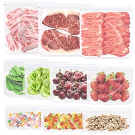 Bolsas Reutilizables para Alimentos, 10 Piezas de Bolsas de Silicona para Congelar, Bolsas Hermeticas de Almacenamiento para Congelador, Sándwiches, Bocadillos, Carne, Verduras, Frutas, Aperitivos