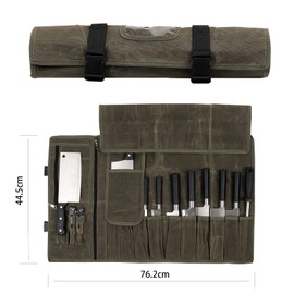 HERSENT Waxed Canvas Chef’s Knife Roll Bag,Army Green Knife Wrap,Portable Knife Roll,Waterproof Pocket Knife Carrier,Durable 16oz Knife Case With Adjustable Shoulder Strap