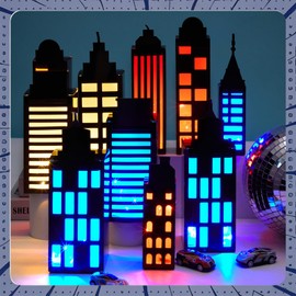 12Pcs Hero Party Favor Boxes Skyscraper City 3D Box with Lights Skyline Buildings Treat Boxes Super Themed Hero Party Centerpiece Decorations for Boys Girls Birthday Heroes Parties Supplies (Colorful)