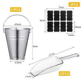 Harloon 12 Pcs Galvanized Bucket with 12 Clear Plastic Ice Scoop 20.3 oz Metal Beer Bucket with Handle Metal Pail Mini Toy Container 16 Blackboard Sticker for Candy Popcorn Snacks Party Supplies