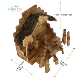 Holy Land Market Olive Wood Nativity Set with Stable - 12 Piece Kids Wooden Nativity Scene (Bark Roof Stable)