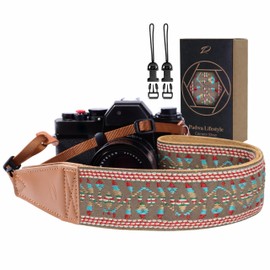 Padwa Lifestyle Matte Gold Camera Strap - 2" Full Grain Leather Ends Camera Straps for Photographers, Vintage Embroidered Cotton Weave Soft Suede Fabric Padded Strap Quick Release fits All Cameras