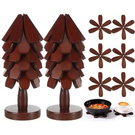 Yerliker Tree Coasters Set of 12, Wooden Trivets for Hot Dishes, Stackable Trivet Set with Stand, Foldable Walnut Wood Tree Table Mat Coaster Holder for Kitchen Counter Pots Pans Plates Pad