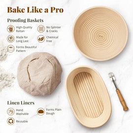 BAVIFY Banneton Bread Proofing Basket Sourdough Bread Baking Supplies, Sourdough Starter Kit with 9" Round & 10" Oval Banneton Baskets, Bread Lame, Sling, Spatula, Scraper, Dough Whisk
