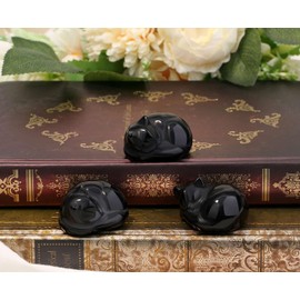 LAIDANLA Black Obsidian Sleeping Cat Statue Healing Crystals Hand Carved Cute Kitten Figurine Sculpture 1.6" Glossy Gemstone Decor Polished Stone Reiki Office Room Bedroom Desk Home Decoration Gifts