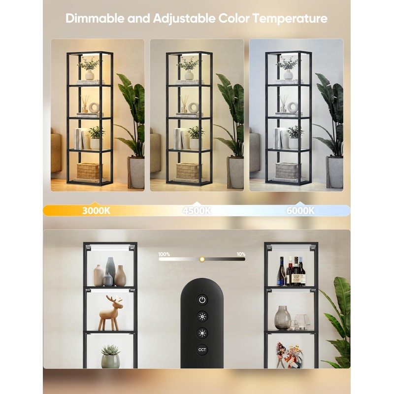 PARTPHONER Large Glass Display Shelf with Remote Control, Dimmable LED