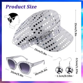 3 Pcs Sombrero de Lentejuelas de los 70's, Sombrero de Discoteca Plateado Sombrero Abba, Accesorios para Disfraces de Discoteca de los 70, Disco Ball Decoracion, Sombrero de Lentejuelas Gafas (Plata)