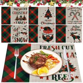 LPAMABA Set of 6 Linen Christmas Placemats, 43 x 32 cm, Place Mats, Christmas Table Mats, Coasters, Non-Slip Christmas Table Set, Heat Resistant, Washable
