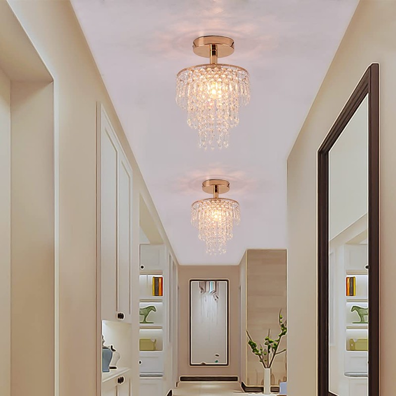 FRIXCHUR Mini Size Crystal Chandelier Modern Flush Mount Ceiling Light