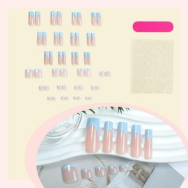 48Pcs Blue French Tips Press on Nails Nude Pink Press on Toenails Medium Long Square Stick on Nails with Designs Full Cover Pink Fake Nails Glossy Summer False Toenails for Women Girls DIY Manicure