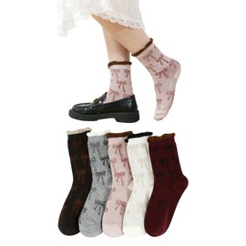 [Yazon] Women's Socks, Spring, Autumn, Winter, Cute, Crew Length Socks, Stylish, Ribbon Pattern, Ruffle Socks, Cotton, Loose Opening, Women's Socks, Sports, Indoor, Breathable, Thermal, Medium Thick,