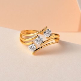 TJC Moissanite Three Stone Ring for Women in 18ct Yellow Gold Plated 925 Sterling Silver Size M Metal Wt. 3.4 Grams