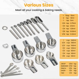 Stainless Steel Measuring Cups & Spoons Set of 20 - Includes 7 Nesting Cups, 7 Narrow & 5 Mini Measuring Spoons with Leveler Fits Spice Jars, Engraved Markings for Dry & Liquid Ingredients
