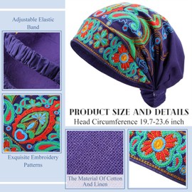 Silicherry 4 Pcs Women Ethnic Style Head Wrap Beanie Caps Vintage Embroidery Flowers Bandanas for Women, Red Black Blue Pink