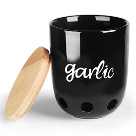 HAOTOP Garlic Keeper for Counter, Ceramic Garlic Saver Container with Wood Lid, Garlic Holder for Kitchen, Garlic Keeper to Keep Your Garlic Cloves Fresh Longer, Black