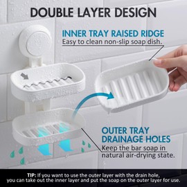 LEVERLOC Soap Dish Suction Cup Soap Holder Double Shower Soap Holder Wall Mounted Max Load 5 kg Waterproof for Shower Bathroom & Kitchen with Drain Holes No Drilling and Removable