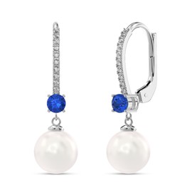 LeCalla 925 Sterling Silver Lightweight Italian Design Round Simulated Pearl Cubic Zirconia and Blue Sapphire Gemstone Leverback Drop Dangle Earrings for Women Teen 32 MM