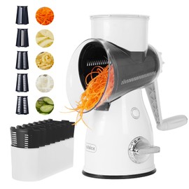 ROLLKITCHEN Rotary Cheese Grater with Handle – Vegetable Slicer & Cheese Shredder with 5 Stainless Steel Blades, Strong Suction Base & Storage Box for Kitchen