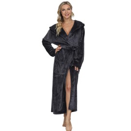 Mnemo Women's Long Bathrobe with Hood, Women's Terry Towelling Bathrobe, Fluffy, gray