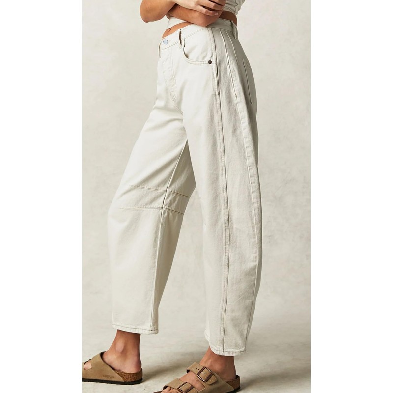 Womens Stretchy Mid Rise Barrel Jeans Vintage Loose Wide Leg