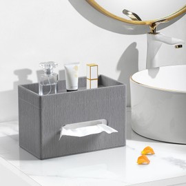 MEIBOOCH Plus Size Tissue Box Cover Rectangle, PU Leather Tissue Box Holder with Storage Tray, Decorative Organizer Tissue Holder for Bathroom, Bedroom Dresser, Night Stand, Office (Grey)