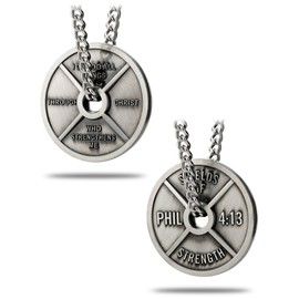 Shields of Strength Women’s Antique Finish Weight Plate Necklace Phil 4:13 Fitness Faith Encouragement Ideal Gift Curb Chain Christian Jewelry Pendant