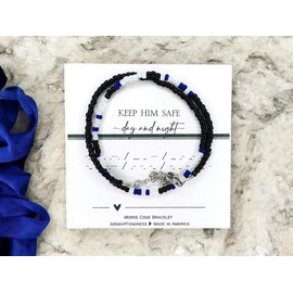 Keep Him Safe Day And Night Morse Code Beaded Wrap Bracelet for Law Enforcement Mother, Unique Gift for Mom Wife Girlfriend Grandma Sister Best Friend Prayer Stay Safe Police Cop