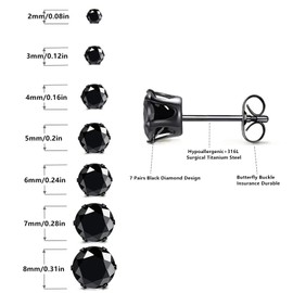Square Round Diamond Stud Earrings Mix Match Set 7 Pairs Hypoallergenic Cubic Zirconia Diamond Titanium Stainless Steel Silver Rose Gold Black Square Round CZ Stud Earrings Jewelry Set for Women Men