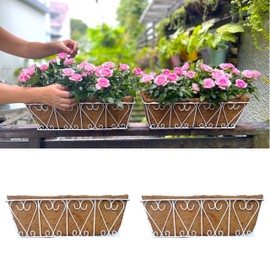LaLaGreen Wall Hanging Planter - 2 Pack, 16 Inch Deck Railing Planter, Window Flower Boxes Basket Outdoor White Deck Railing Hanging Pot Coco Liner Metal Plant Holder Fence Planter Balcony Patio Porch