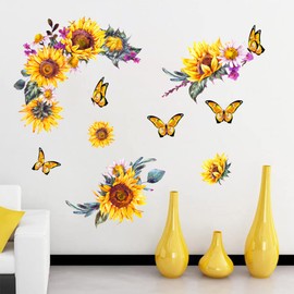 Adesivi da parete con girasole ad acquerello, adesivi da parete creativi 3D con fiori gialli, adesivi da parete con fiori di sole e farfalle, TV, decorazione artistica da parete