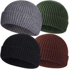 4pcs Wool Fisherman Beanies for Men, Knit Short Watch Cap Winter Warm Hats