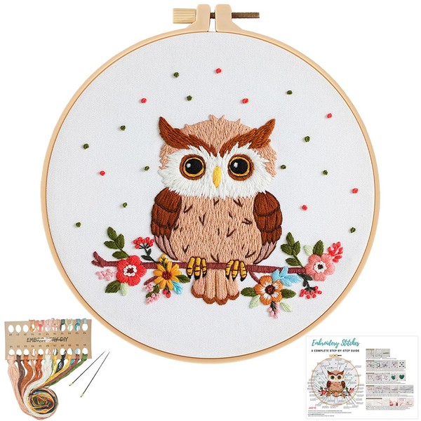 Louise Maelys Owl Embroidery Kits for Beginners with floral pattern,Adults