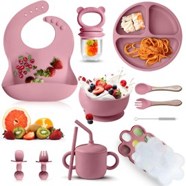 12PCS Vajillas Platos para Niño Silicona,Set Alimentacion Complementaria Niños,Set Alimentacion Complementaria Niños sin Bpa,Antideslizante,Fácil de Limpiar,Apto para Microondas. (Rosa Oscuro)