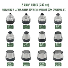 SENROG 12 in 1 Gasket Punch Set with Sharp Leather Hole Punches, Hollow Punch Set for Leather, 3/16'' to 1-1/4'' Hole Punch Kit with Handle