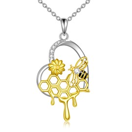 DAYLINLOVE Bee Necklace 925 Sterling Silver Bees and Beehive Heart Shaped Necklace Bee Jewellery Gift for Women Girls Bee Lovers, Sterling Silver, Cubic Zirconia