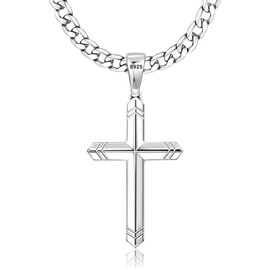 FIOROYAL 925 Sterling Silver Cross Necklace for Men Women, 5MM Durable Stainless Steel Diamond Cut Cuban Link Curb Chain with Silver Cross Pendant, Mens Cross Crucifix Necklaces Jewelry 16-30Inches/28
