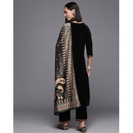 TRENDMALLS Women's Velvet Embroidery Salwar Suit Set Kurta Pant with Dupatta Black Kurta Set for Women