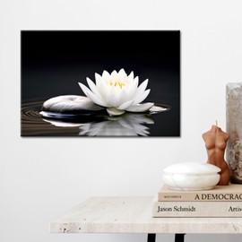 GLOKAKA Zen White Lotus Flower Wall Art Black and White Lotus on Spa Stone and Water Picture Canvas Print Artwork for Yoga Meditation Room Bathroom Wall Decor