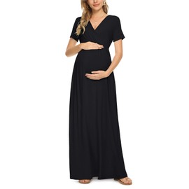 Xpenyo Maternity Dresses Women's Summer Casual Short Sleeve V Neck Wrap Long Maxi Dress Pregnancy Clothes for Baby Shower, Photoshoot, Party, Daily, Nursing, Black 2XL