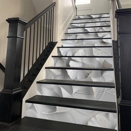REDAMANCY Modern 3D White Gingko Leaf Abstract Art Peel and Stick Vinyl Stair Riser Decals Staircase Tile Stickers Decor Modern Marble Decoration Self-Adhesive(14 Pcs)