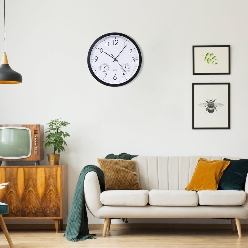 Chedin Round Quartz Wall Clock without Ticking, Weatherproof with Thermometer