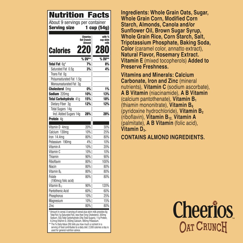 Cheerios Oat Crunch Almond Breakfast Cereal, Made with Whole Grain,