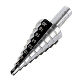 wolfcraft I 2515000 I Step Drill HSS I for Stainless Steel, Sheet Steel, Non-ferrous Metals, Plastics I Made of Tool Steel I Step Diameter: 4-20 mm I Working Length: 42.5 mm I Shank: Diameter 8 mm