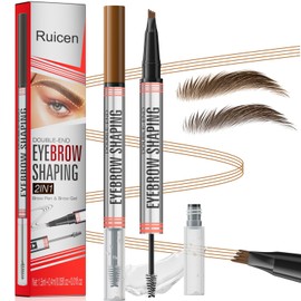 Eyebrow Pencil with Eyebrow Gel, Ruicen 2-in-1 Microblading Eyebrow Pen and Brow Gel with 4 Fork Tip, Real-Looking-Fill Define and Shape Brows, 24H Wear, Waterproof & Smudge-proof, Light Brown