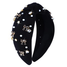 YARIEW Coquette Birthday Decorations Black Bow Knotted Headbands for Women Pearl Rhinestone Jeweled Knotted Top Knot Headband for Women Hair Accessories for Birthday Party Gift