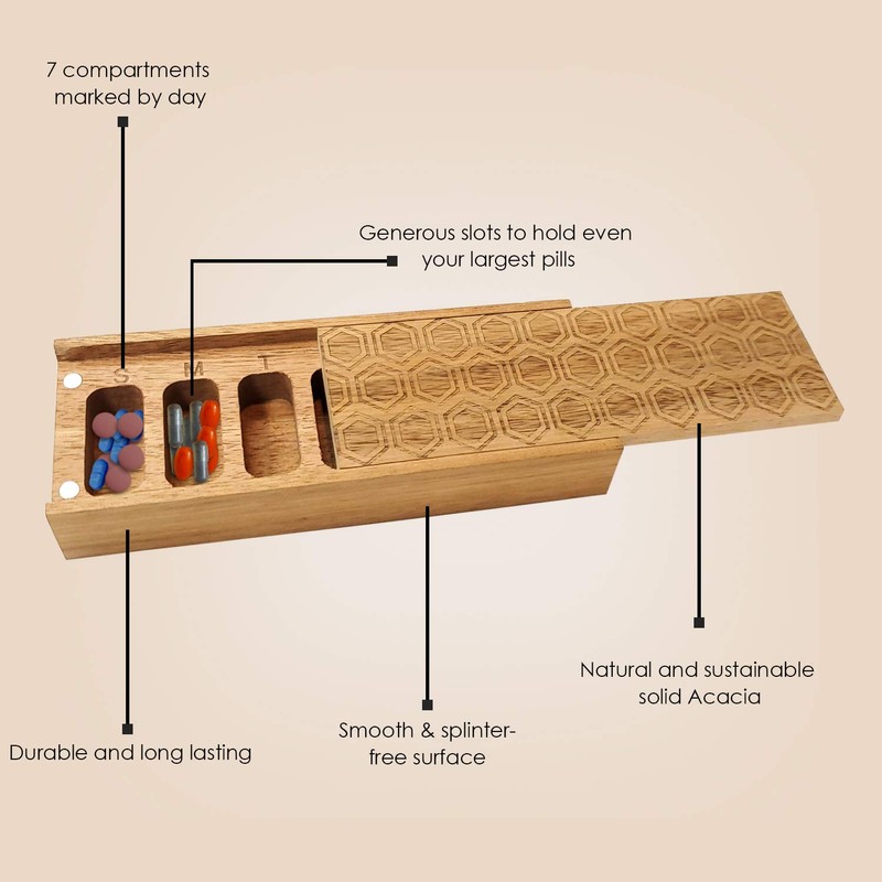 Natural Acacia Wood 7 Day Weekly Pill Box – Pill